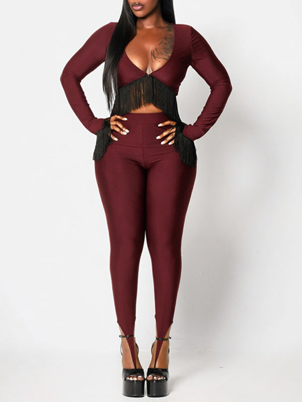 Fringe V-Neck Top & Pants Set