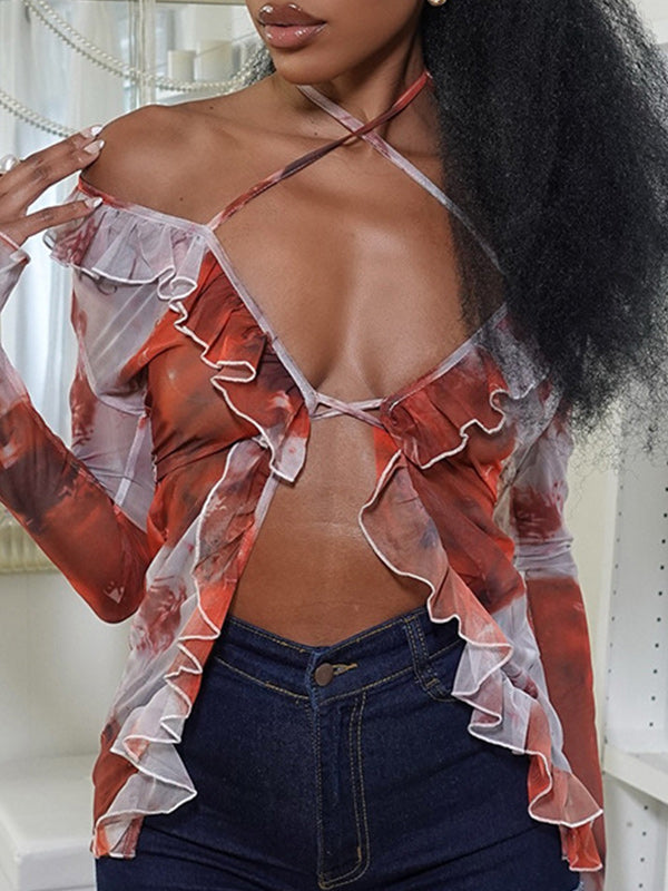 Printed Ruffle Halter Shirt