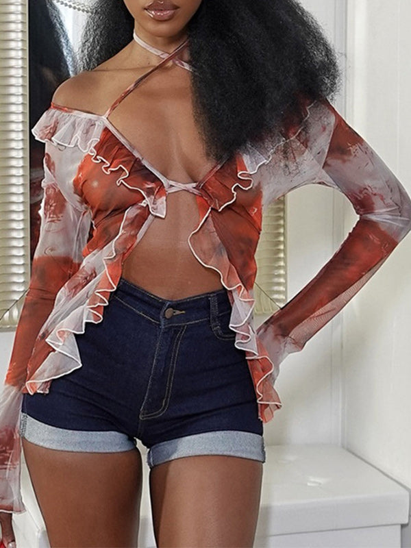 Printed Ruffle Halter Shirt