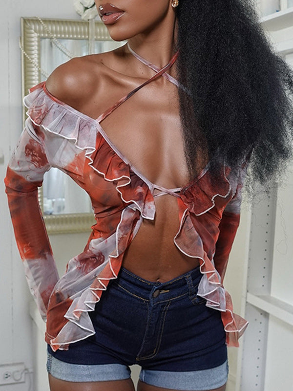 Printed Ruffle Halter Shirt