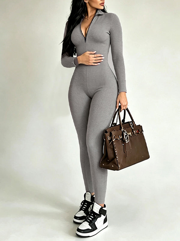 Zip-Front Ribbed Jumpsuit