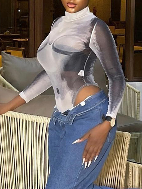 Printed Mock-Neck Sheer Bodysuit