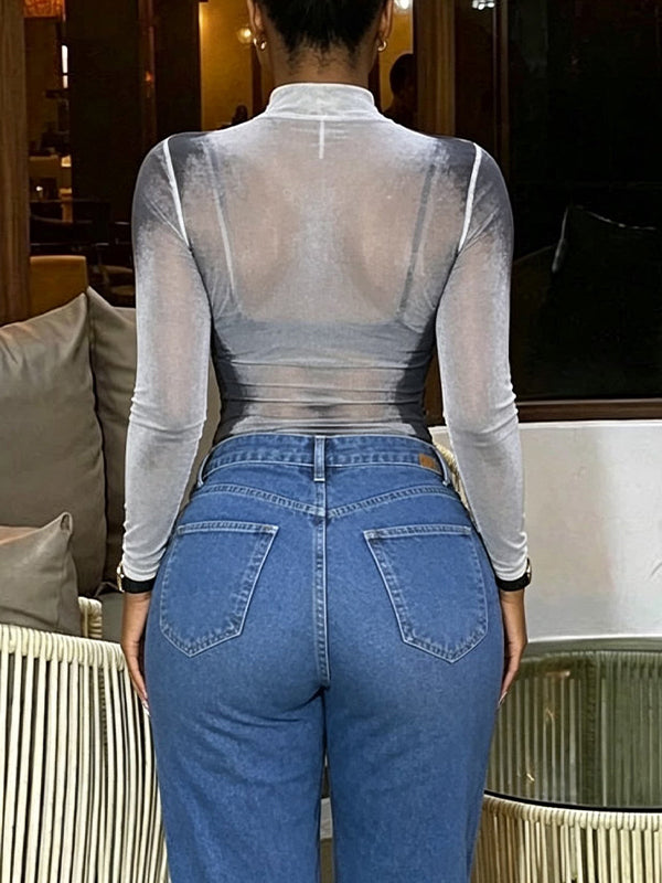 Printed Mock-Neck Sheer Bodysuit