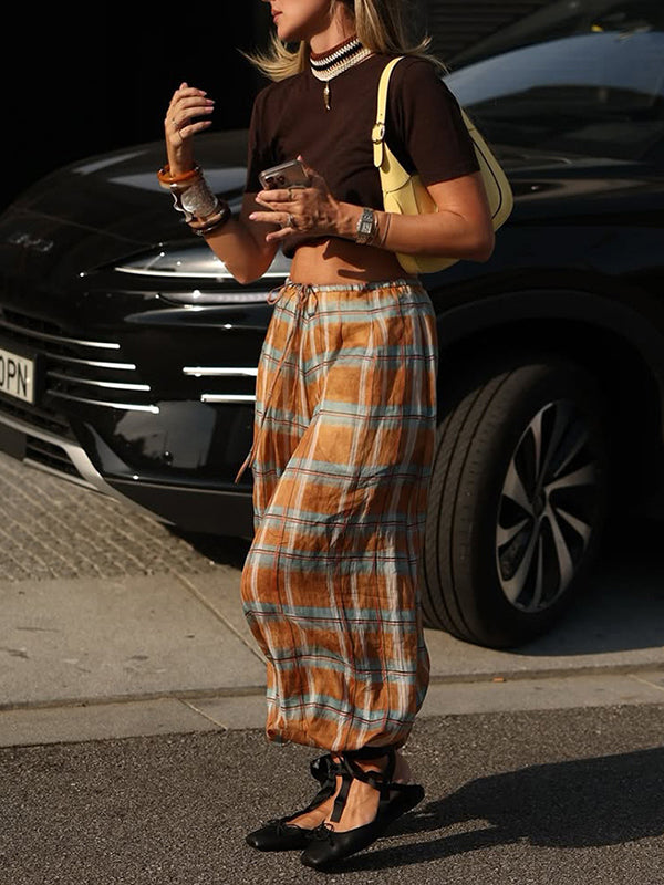 Plaid Balloon Wide-Leg Pants