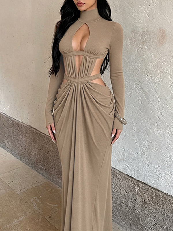 Solid Cutout Ruched Maxi Dress