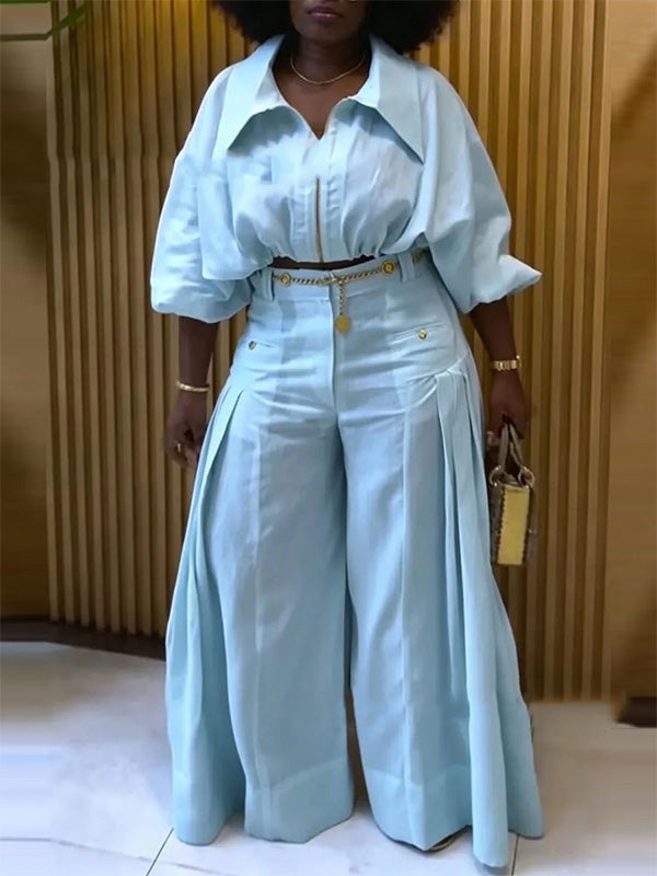 Zip-Front Jacket & Wide-Leg Pants Set