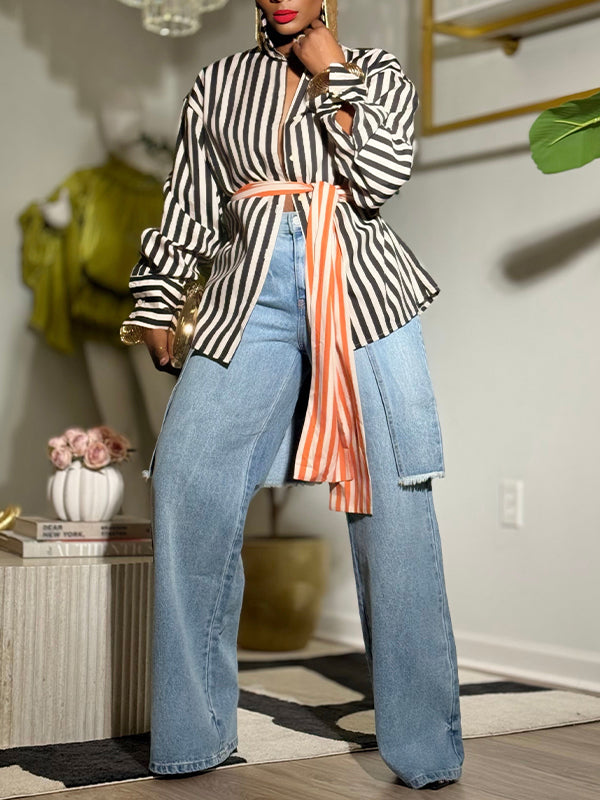 Stripe Button-Front Tied Shirt