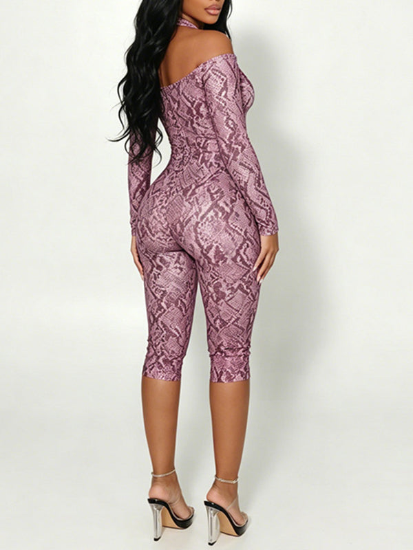 Snake-Print Halter Capri Jumpsuit