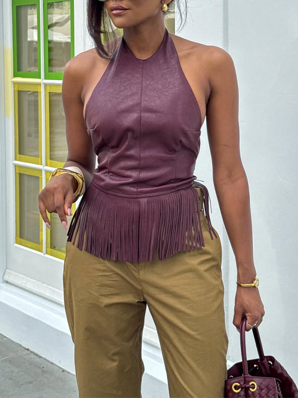 Fringe Faux-Leather Halter Top