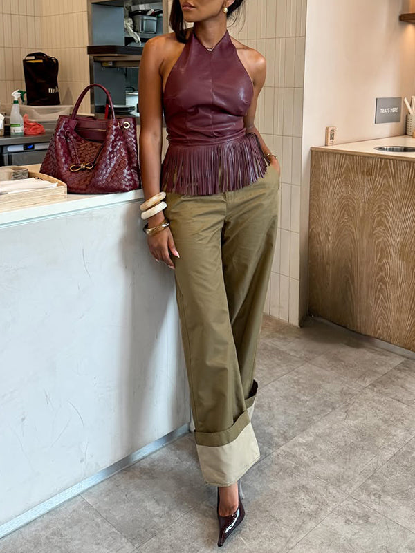 Fringe Faux-Leather Halter Top