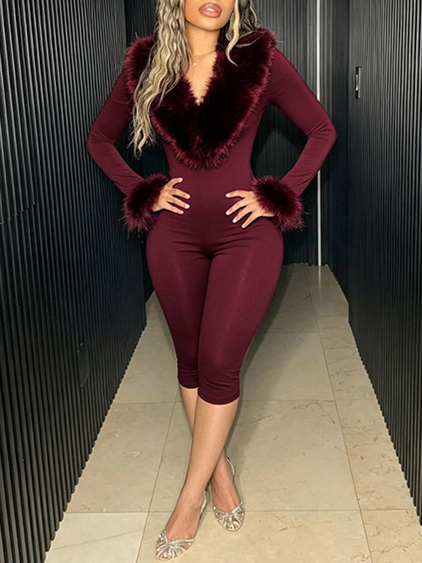 Faux-Fur Combo Printed Capri Jumpsuit