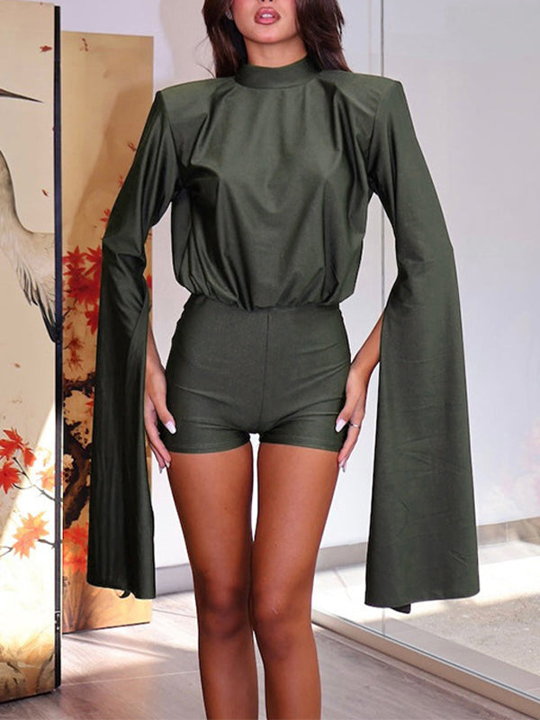 Mock-Neck Open-Back Draped Romper