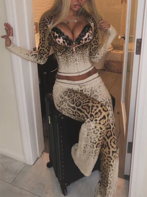 Leopard Zip-Front Hoodie & Pants Set