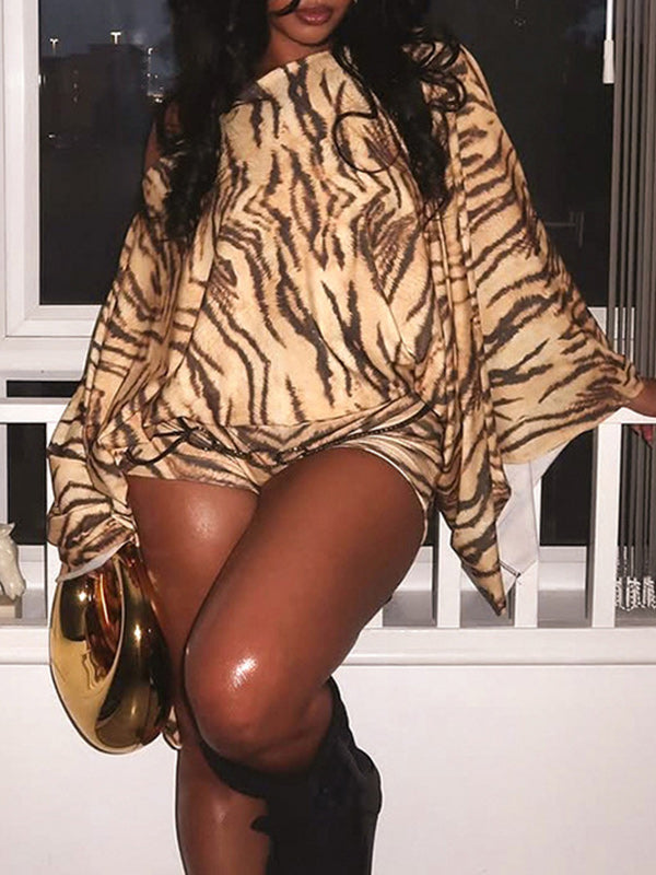 Printed Boat-Neck Batwing Top & Shorts Set