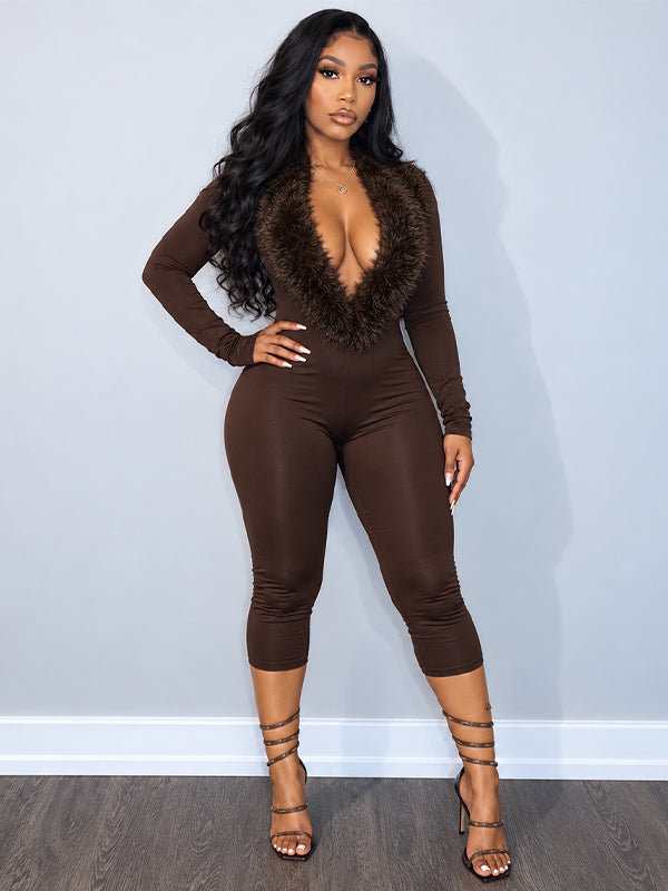Faux-Fur Combo Capri Jumpsuit