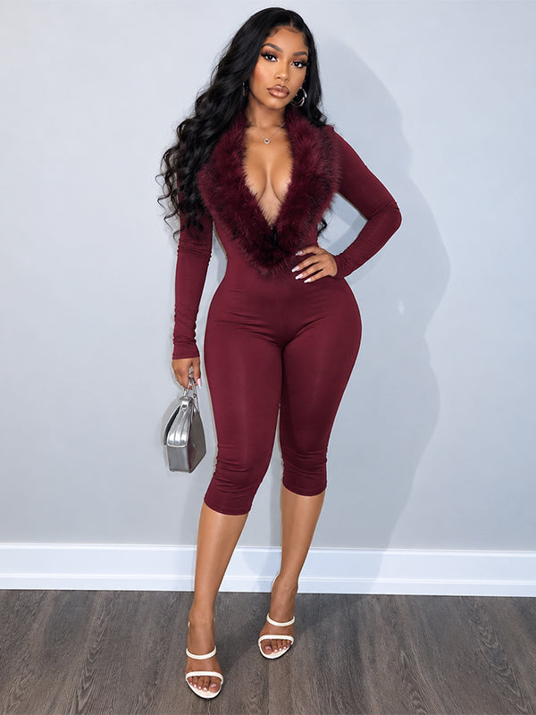 Faux-Fur Combo Capri Jumpsuit