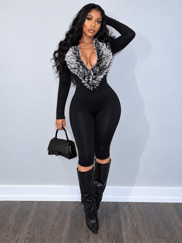 Faux-Fur Combo Capri Jumpsuit