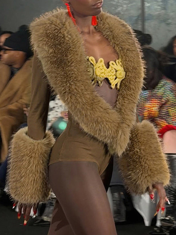 Faux-Fur Combo V-Neck Bodysuit