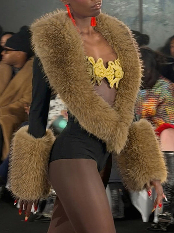 Faux-Fur Combo V-Neck Bodysuit