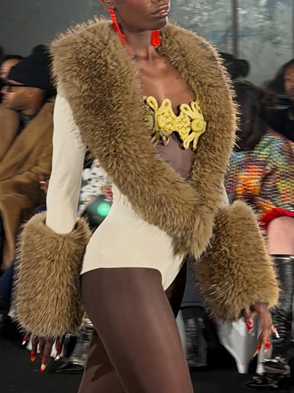 Faux-Fur Combo V-Neck Bodysuit