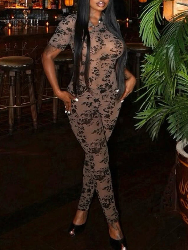 Printed Sheer Skinny Jumpsuit