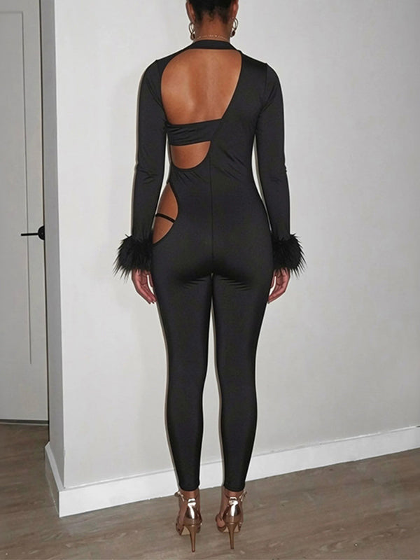 Faux-Fur Combo Cutout Jumpsuit
