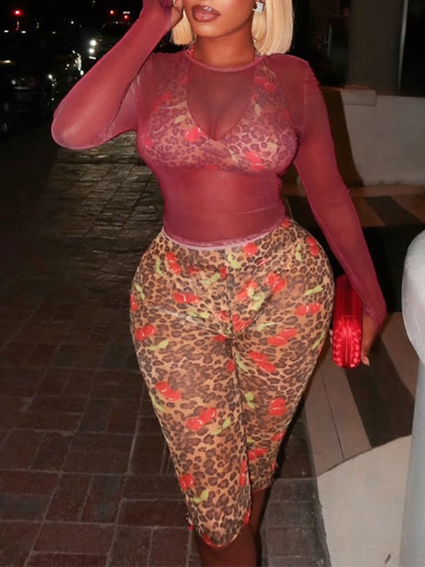 Leopard Halter Pants Set with Sheer Top