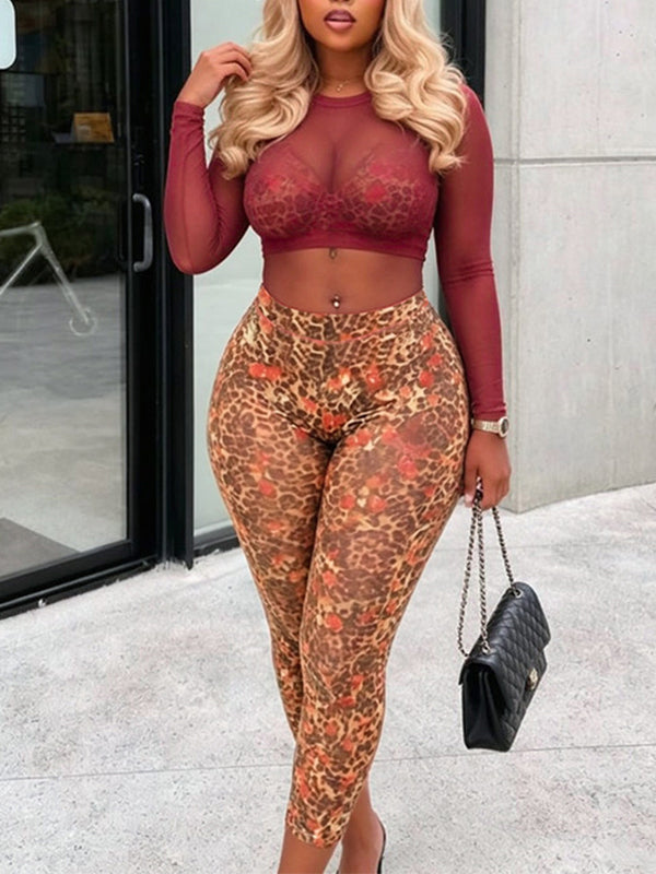 Leopard Halter Pants Set with Sheer Top