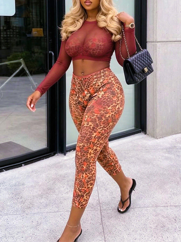 Leopard Halter Pants Set with Sheer Top