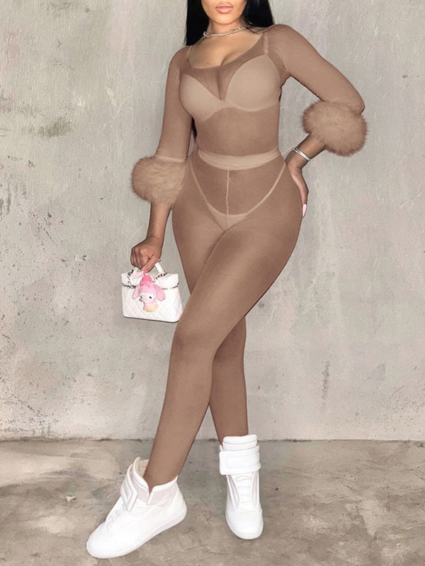 Faux-Fur Combo Sheer Pants Set