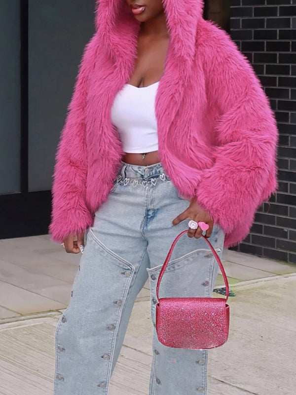 Luxe Fuzzy Hooded Faux Fur Jacket