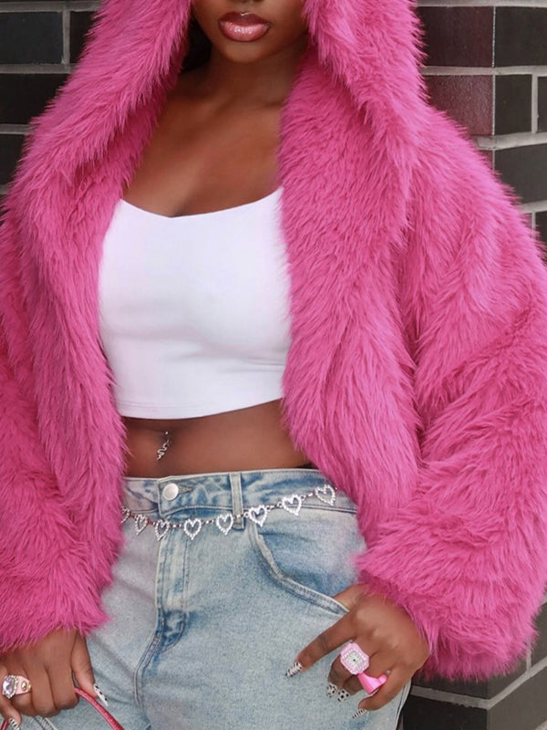 Luxe Fuzzy Hooded Faux Fur Jacket
