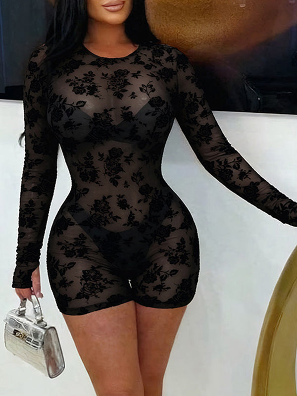 Printed Open-Back Sheer Romper