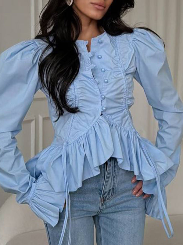 Bell-Sleeve Ruffle Ruched Shirt