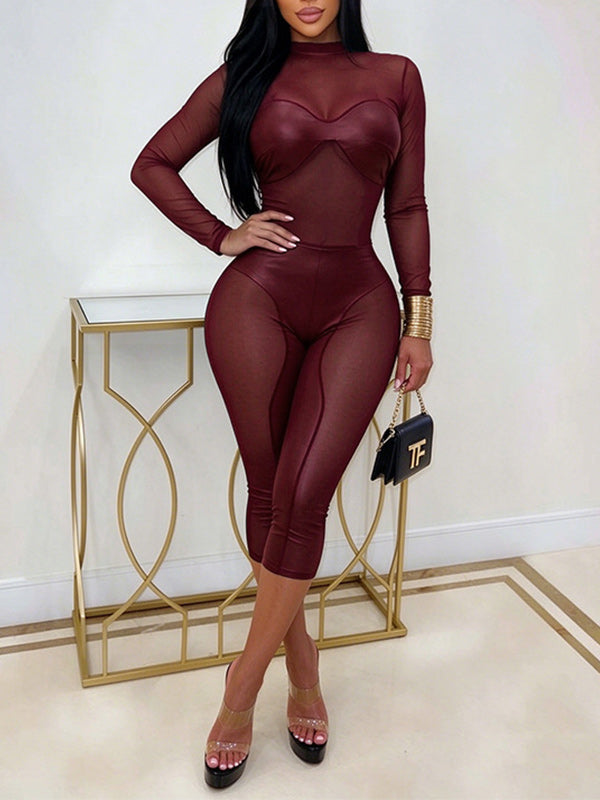 Faux-Leather Combo Sheer Capri Jumpsuit