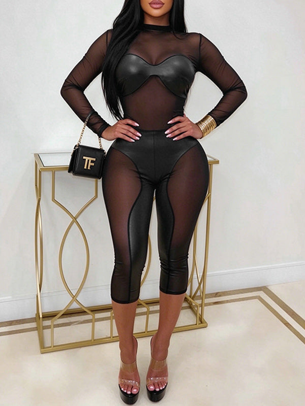 Faux-Leather Combo Sheer Capri Jumpsuit