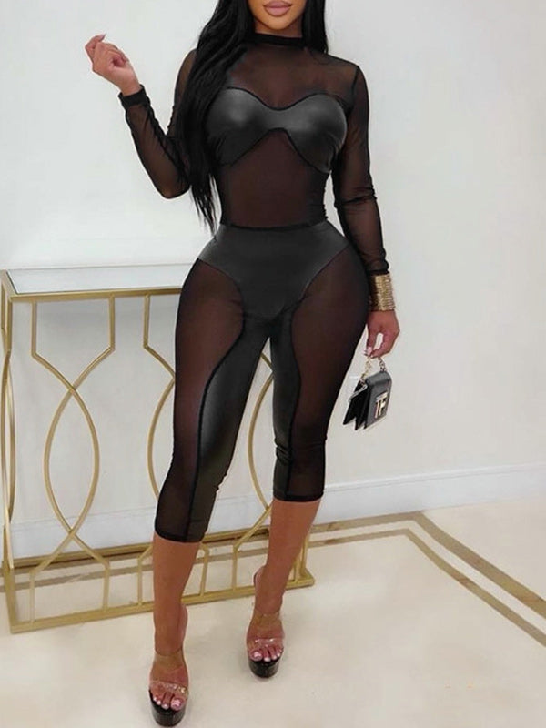 Faux-Leather Combo Sheer Capri Jumpsuit