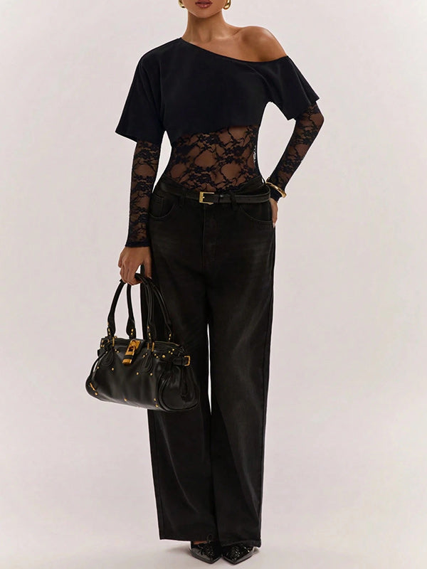 Lace-Combo Boat-Neck Bodysuit