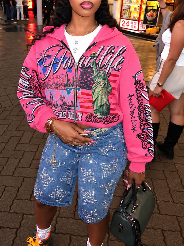 Printed Zip-Front Hoodie