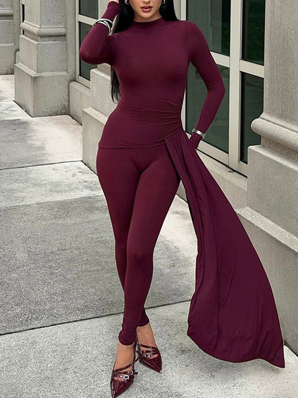 Mock-Neck Draped Pants Set
