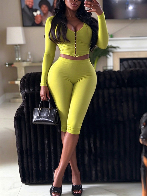 V-Neck Button Top & Capri Pants Set