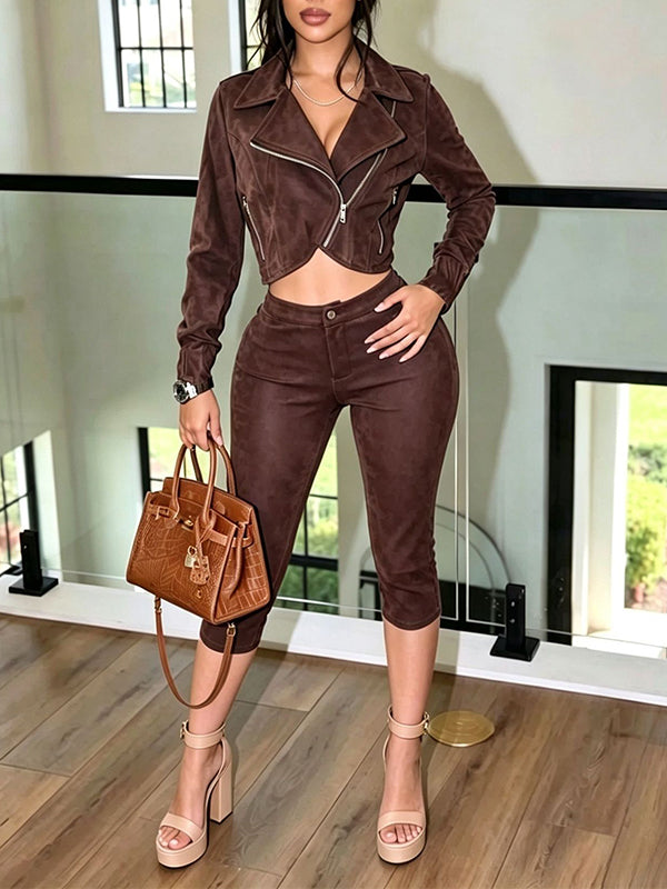 Suede Moto Jacket & Capri Pants Set