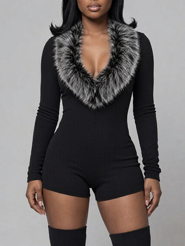 Faux-Fur Combo Ribbed Romper