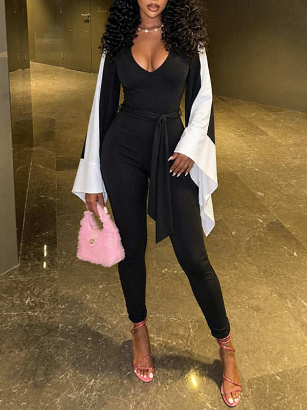Two-Tone Bell-Sleeve Tied Jumpsuit