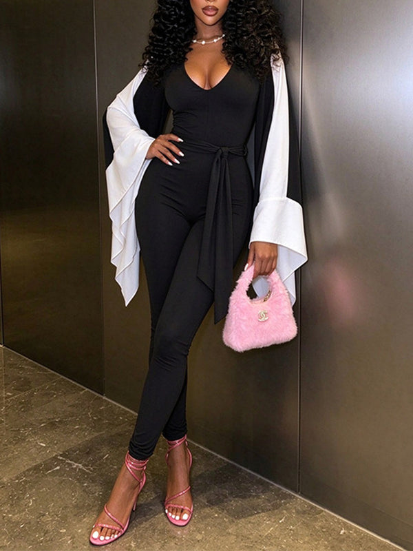 Two-Tone Bell-Sleeve Tied Jumpsuit