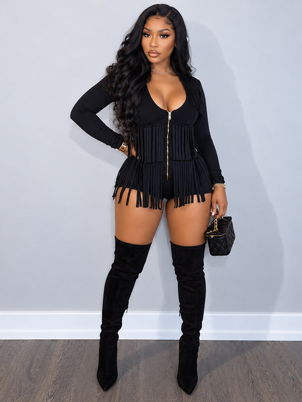 Fringe Zip-Front Romper