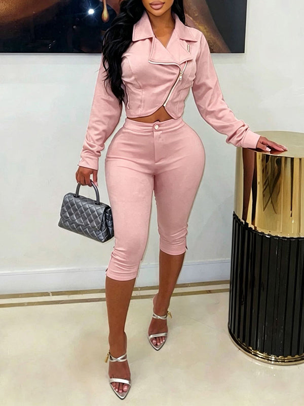 Suede Moto Jacket & Capri Pants Set