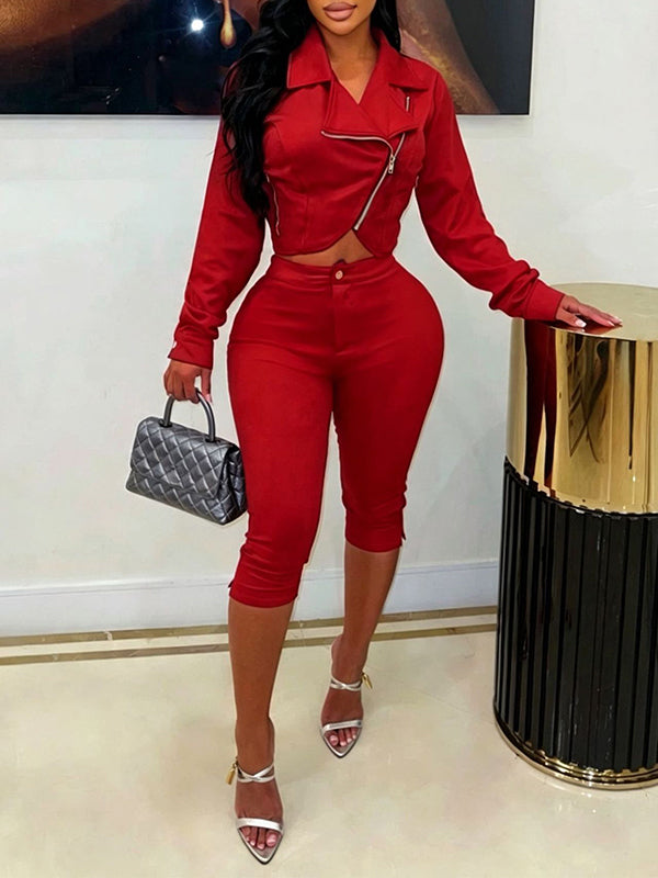 Suede Moto Jacket & Capri Pants Set