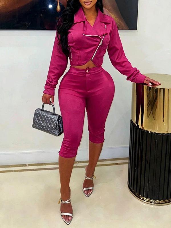 Suede Moto Jacket & Capri Pants Set