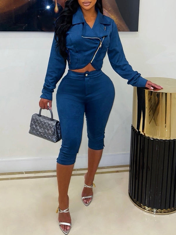 Suede Moto Jacket & Capri Pants Set